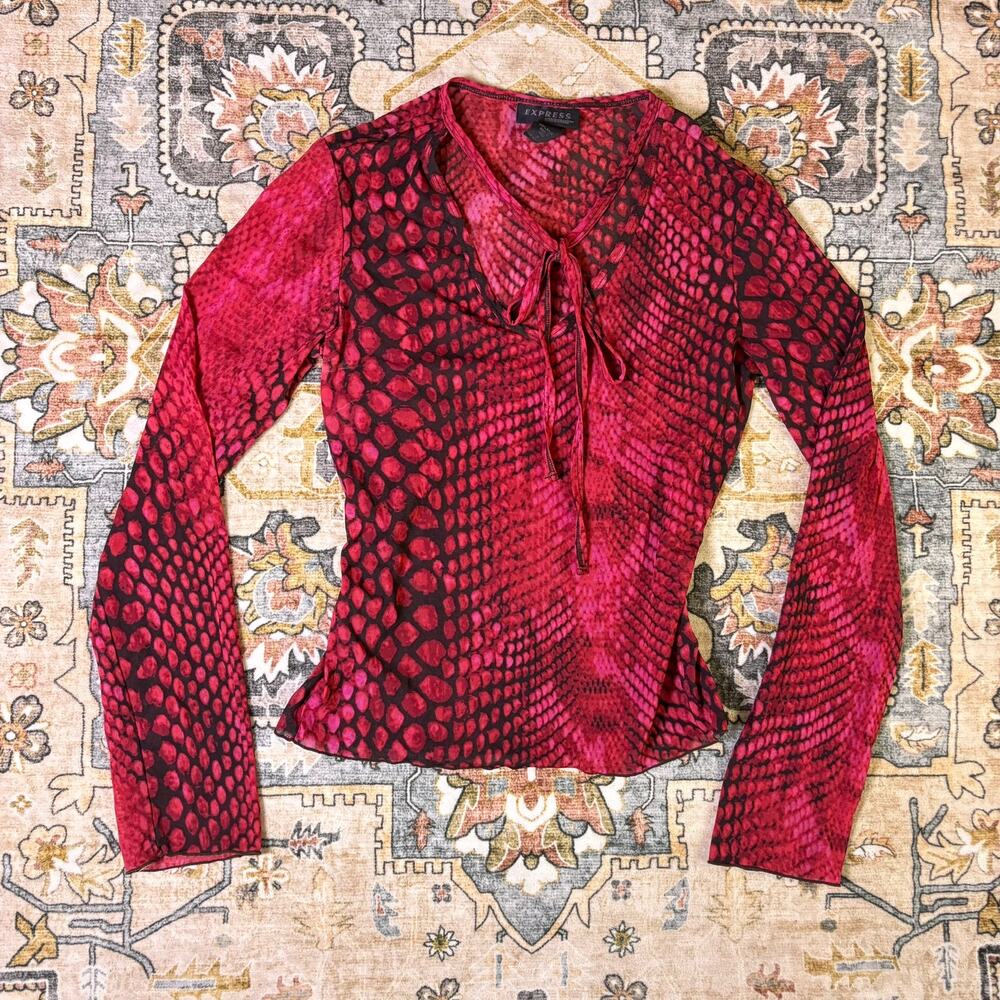 Vintage Y2K red animal print express blouse Tie front date night going out small